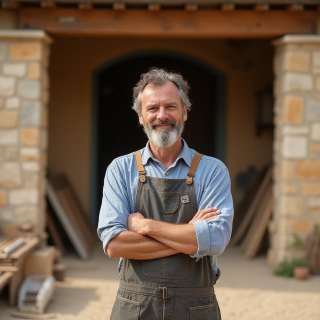 Maître artisan devant l'atelier en Occitanie